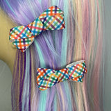 Small Rainbow Gingham Bow Set Clip