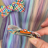 Small Rainbow Gingham Bow Set Clip