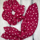 Raspberry Polka Dot Tailed Scrunchie